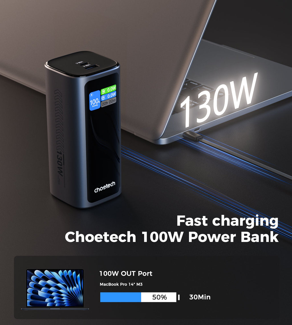 Choetech PowerLeap 20000mAh 130W Built-in USB-C Cable TFT Display Fast Charging Power Bank