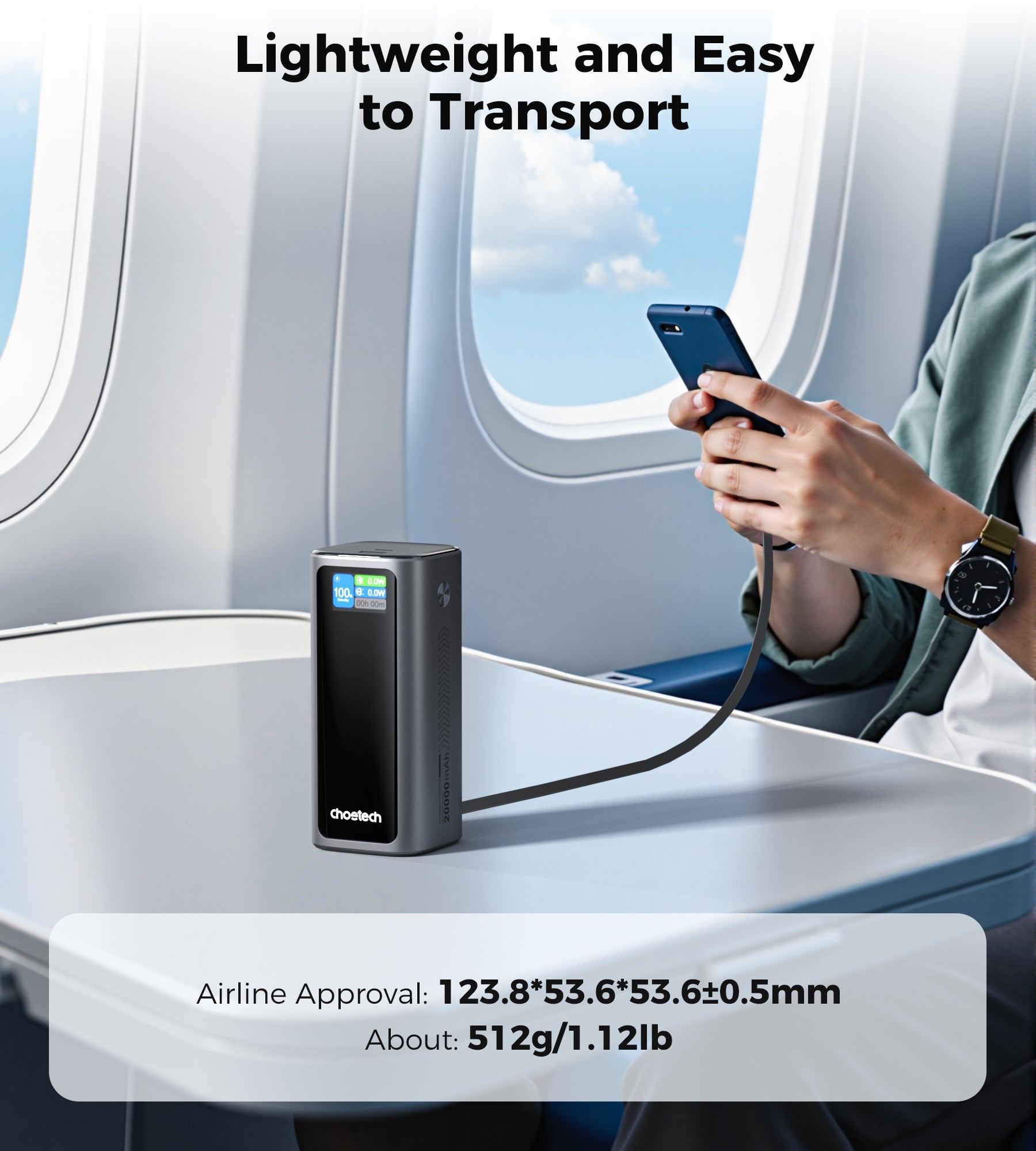 Choetech PowerLeap 20000mAh 130W Built-in USB-C Cable TFT Display Fast Charging Power Bank