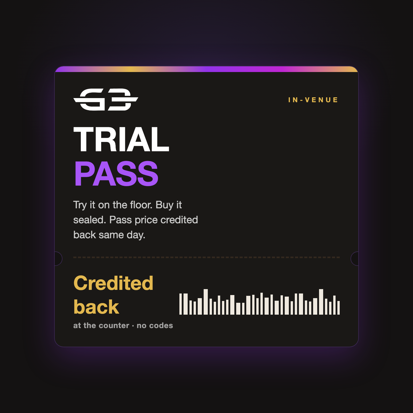 G3 Trial Pass — in-venue trial, credited back same day