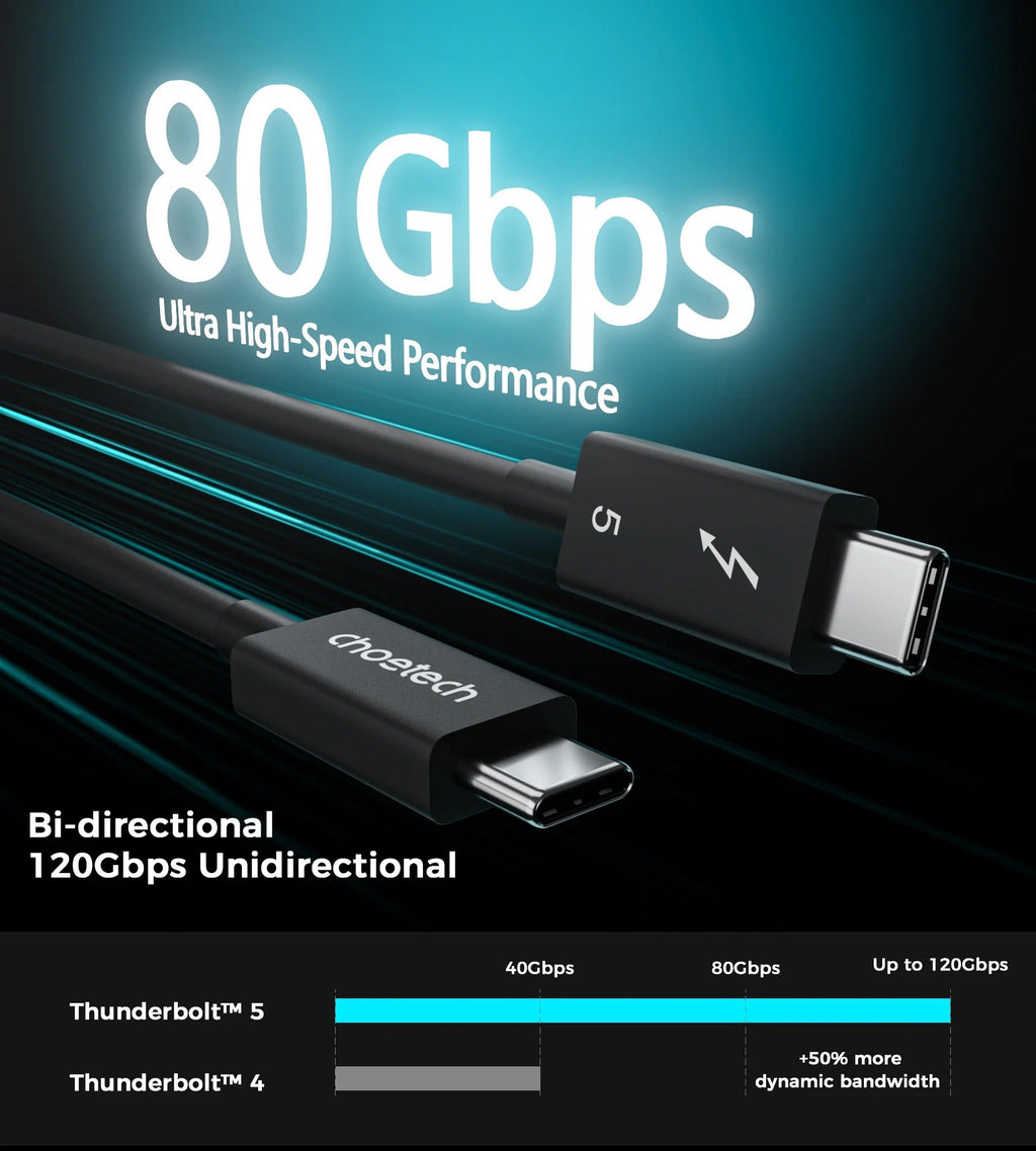 Choetech HyperLink Thunderbolt 5 240W USB-C to C Fast Charging Intel Certified Cable - 120Gbps 8K@60Hz, 1m