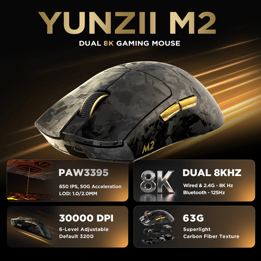YUNZII M2 Dual 8K Tri-Mode Wireless Carbon Fiber Gaming Mouse