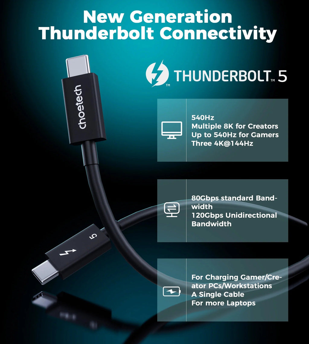 Choetech HyperLink Thunderbolt 5 240W USB-C to C Fast Charging Intel Certified Cable - 120Gbps 8K@60Hz, 1m